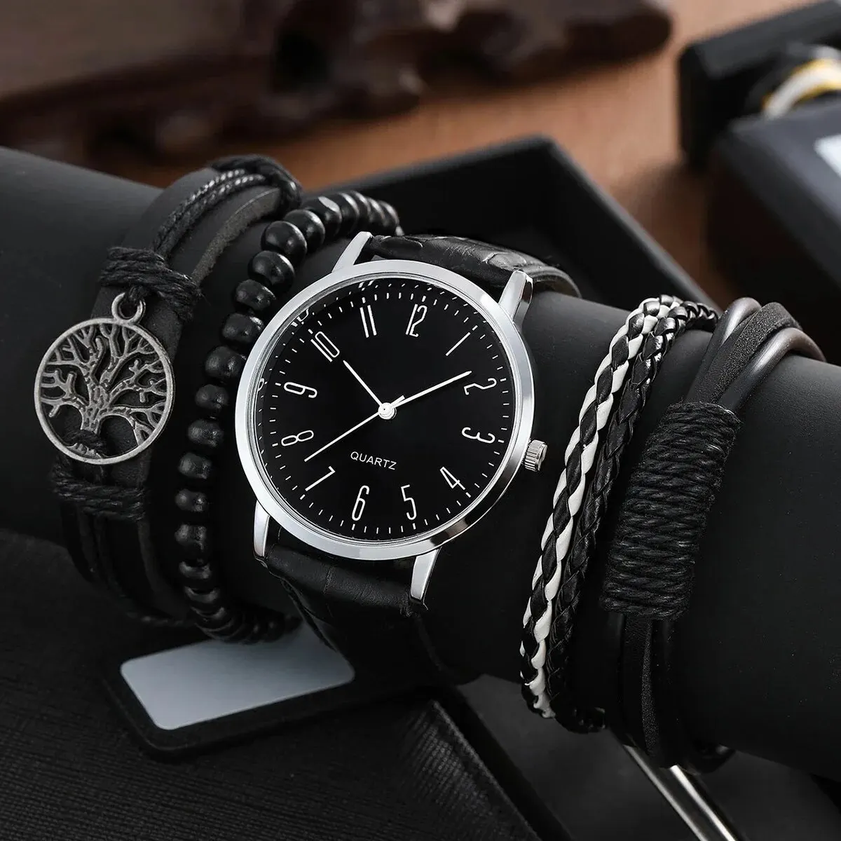 5Pcs/set Black Quartz Watch Casual Business Men's Wristband Showcasing Wave Life Tree PU Leather Bracelet Kit