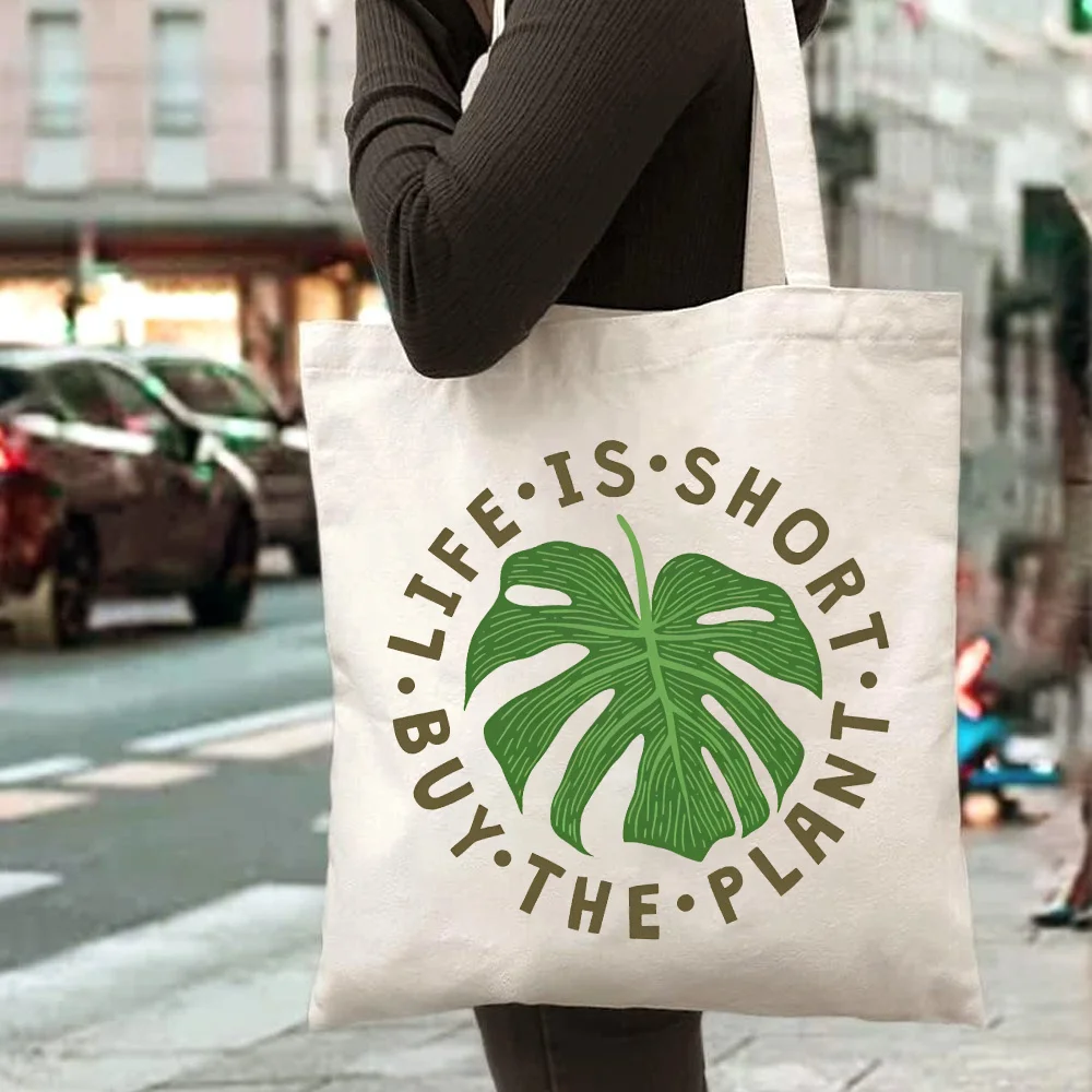 Shopping Bag Custom Shopping Bag Canvas Large Turtle Leaf Life Short Buy Plants Fashion Tote Daily Travel Beach Picnic