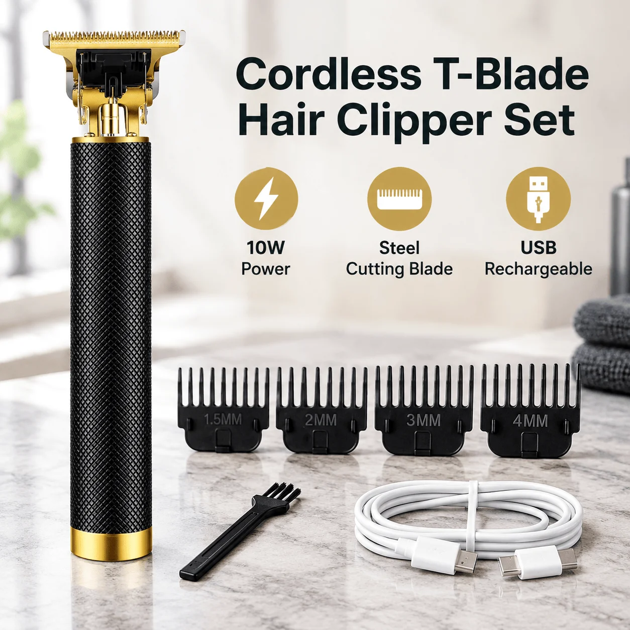Cordless T-Blade Hair Clipper Set, 10W Power, Steel Cutting Blade, USB Rechargeable, Four Guide Combs, Non-Slip Metal Body, for Hair Cutting, Beard Edging, Lineups and Dry Grooming, Lithium battery, steel blade, USB charging