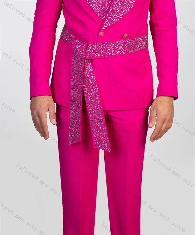 Conjunto de terno masculino com cristais rosa, 2 peças, blazer com cinto + calça, jaqueta formal de escritório, casaco de algodão, calças, noivo, casamento, smoking
