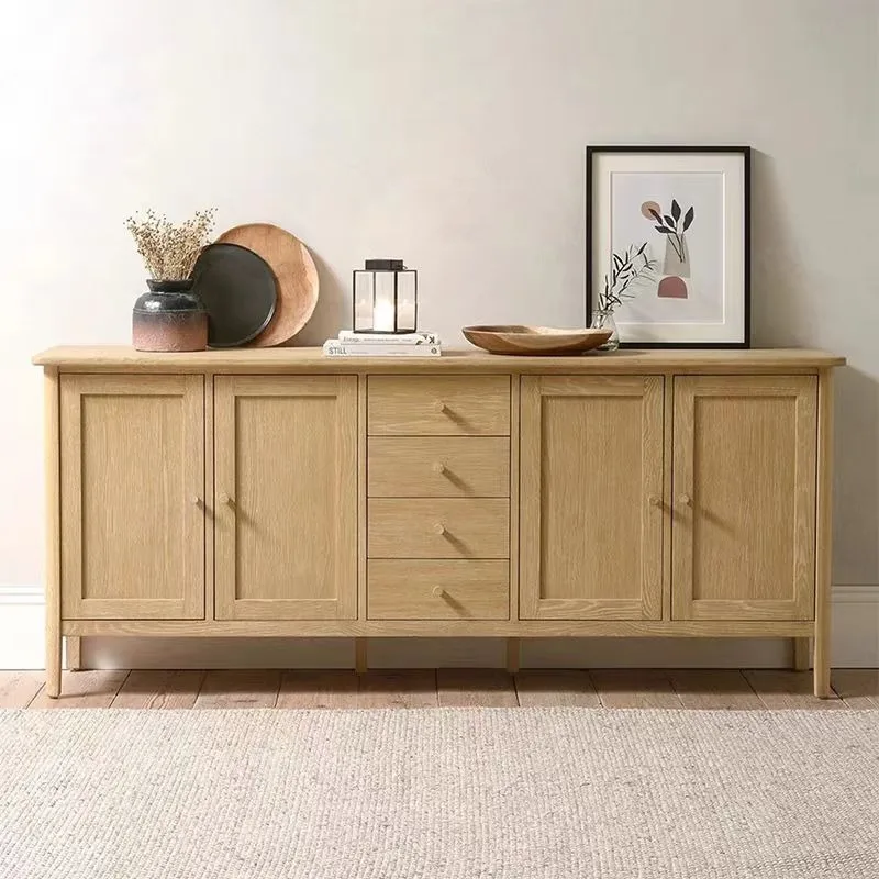 Modern Natural Oak Wood Sideboard with 4 Shaker Doors 4 Center Drawers Dining Room Buffet Credenza Furniture