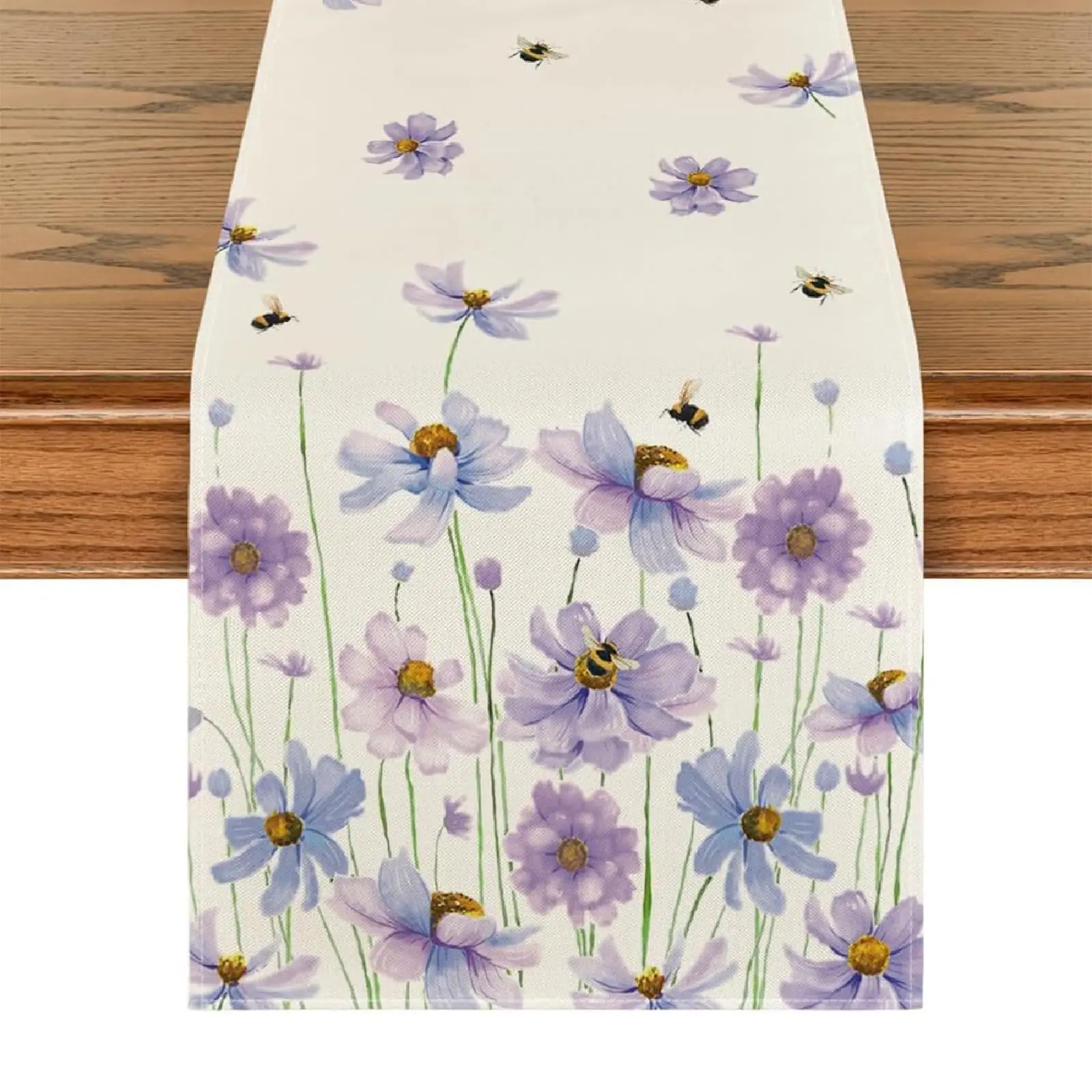 Frühlings-Tischläufer mit lila Blumenmuster, Aquarell-Blumendruck, saisonale Küchen- und Esszimmerdekoration, ideal für Familienfeiern im Innen- und Außenbereich