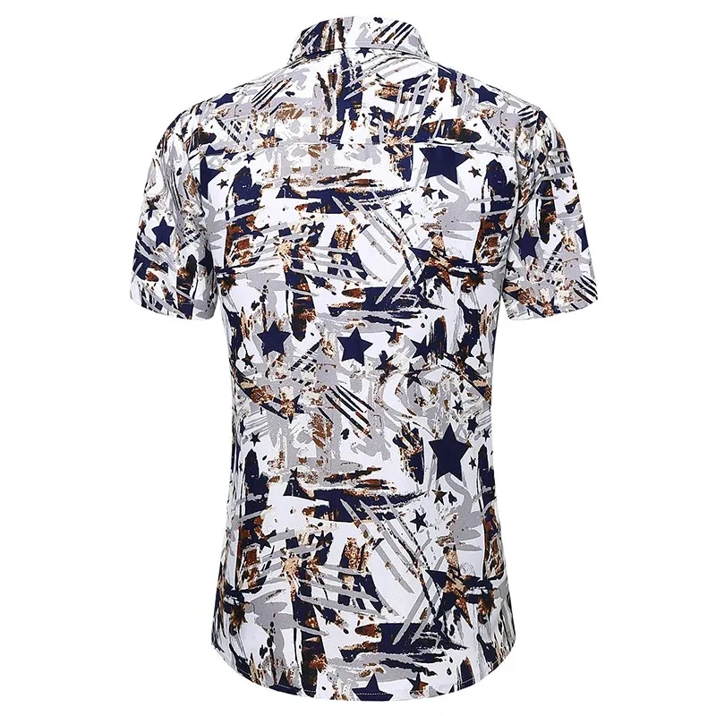 

Hawaiian Style 2024 Trendy Men's Fashionable Button Up Shirt Summer Graffiti Star Print Short Sleeved Men's Top