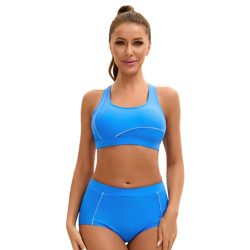 Women's European Athletic High Waist Sleeveless Split Swimwear, Sexy Slim Backless Color Block Bathing Suit
