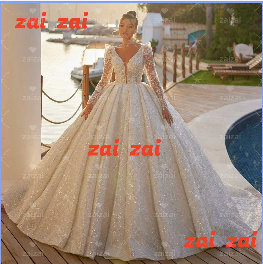 Customized Gorgeous V-Neck Long Sleeve Beading Bridal Gown Ball Gown Bride Princess Bridal Wedding Dresses Vestido De