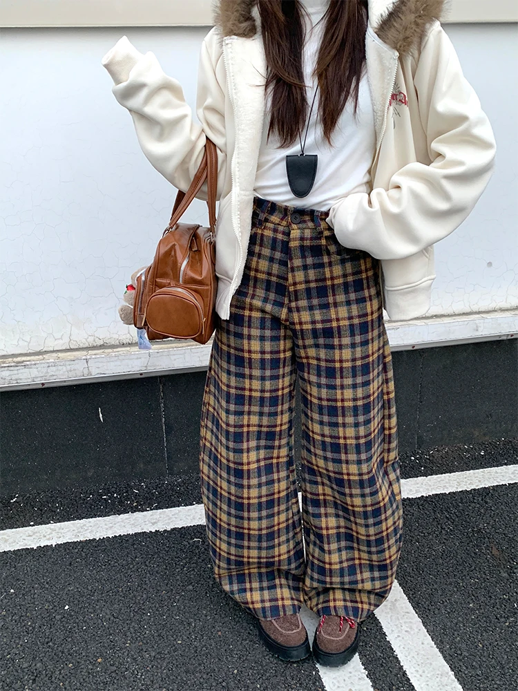 

Ретро Sle Lazy Faion Прямые брюки с высокой талией Корейские свободные шерстяные повседневные брюки в клетку для девочек из полиэстера длиной до пола...