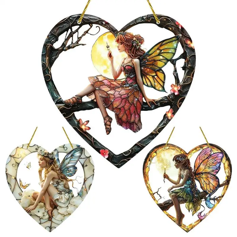 Heart Shaped Fairy Window pendant Decoration Heart Shaped Wall Hanging Stained Glass Effect Fairy Sun Catcher Craft Decoration