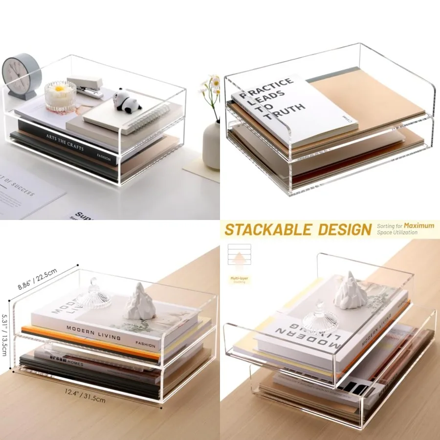 

Acrylic Paper Tray Organizer for Desk, Desk Organizers and Accessories, 2 Pack Stackable Paper Organizer for Letter, Documents,