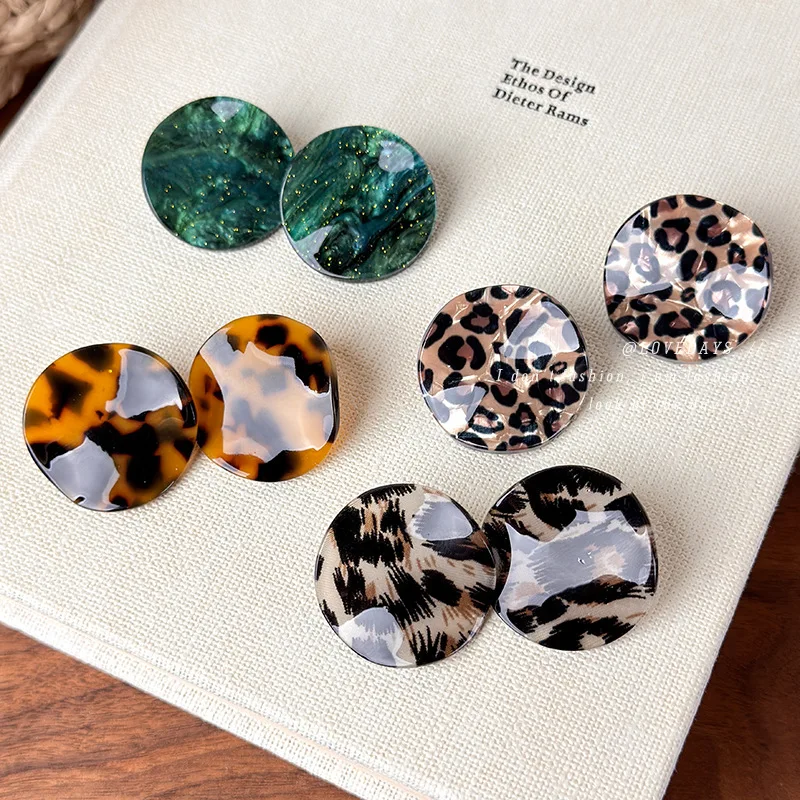 Earrings Retro Leopard Print Round Large Stud Women Acetate Brown Black Premium Chic Daily Party Travel Gift Lightweight
