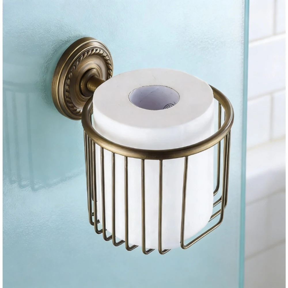 

Wall-mounted roll toilet paper basket, bathroom retro antique brass paper rack