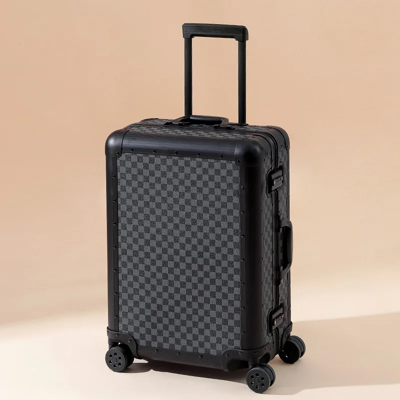 20/26 inch All Aluminum Plaid Vintage Suitcase Set Carry-on Luggage Men Trolley Case Women Boarding Business Trip Suitcase Mute