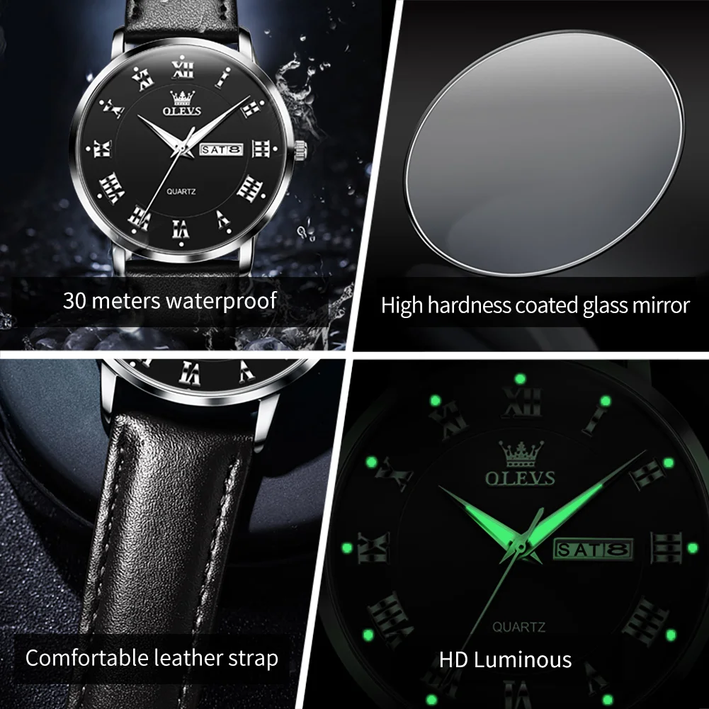 OLEVS Top Brand Men's Watches Simple Fashion Original Wristwatch for Man Waterproof Leather Strap Luminous Date Week Trend