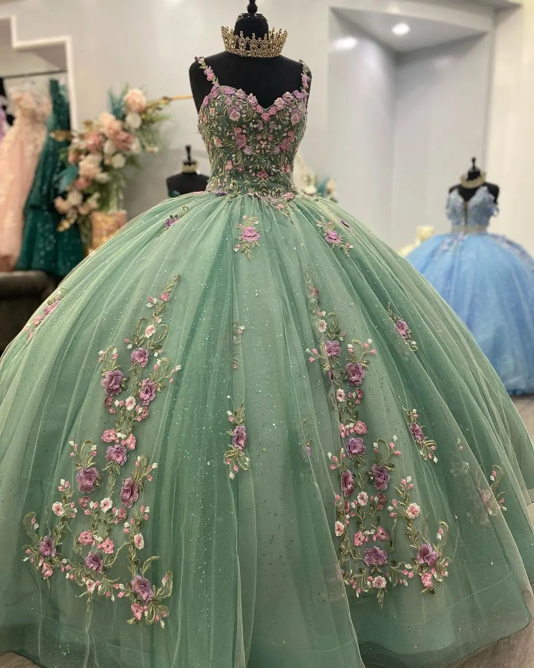 Sage Garden Crystal Beaded Contrasting Floral Embroidered 3D Flowers Quinceanera Gown Charro Mexican Dresses for 15th Girls