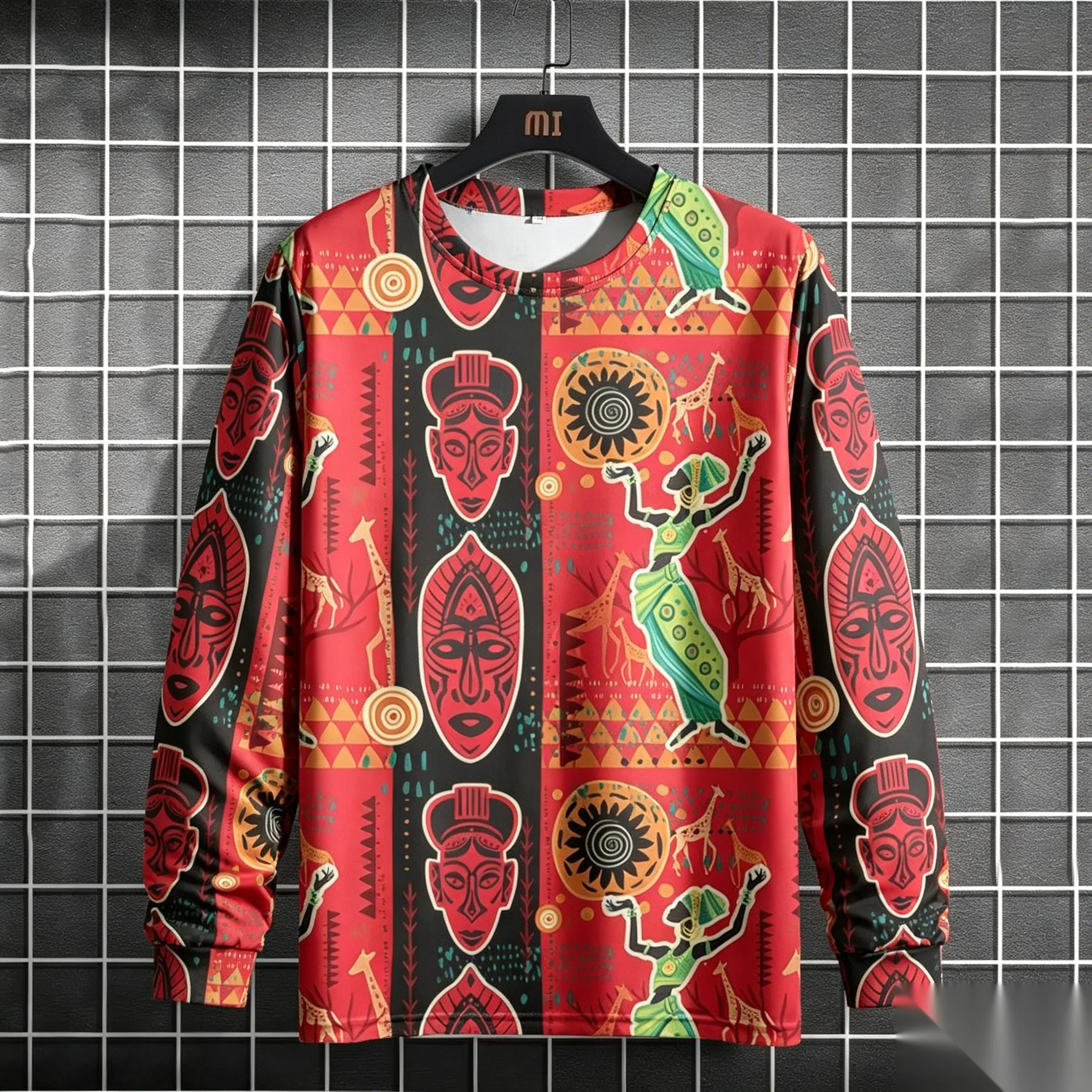Men's African Ethnic Tribal Pattern 3D Print Long Sleeve T-Shirt Vintage Animal Patchwork Mandala Graphic Casual