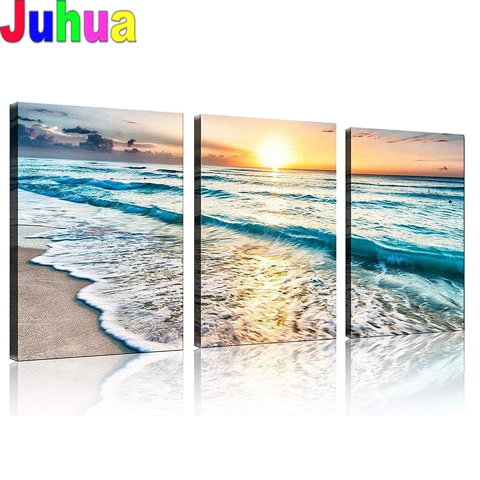 

3 Pcs/set Diamond painting Blue ocean sunset white beach 3d picture of rhinestone,Full,Square,round,mosaic full embroidery,