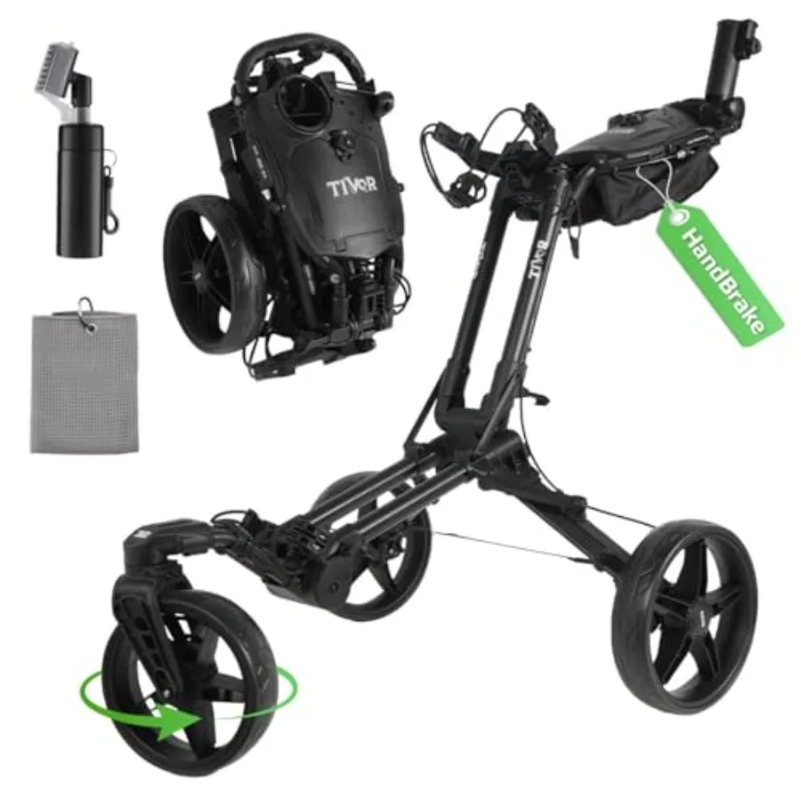 

Golf Push Cart with 360 Front Wheels Handbrake 3 Wheel Pull Cart Offers One-Click Folding and All-Terrain Mobility