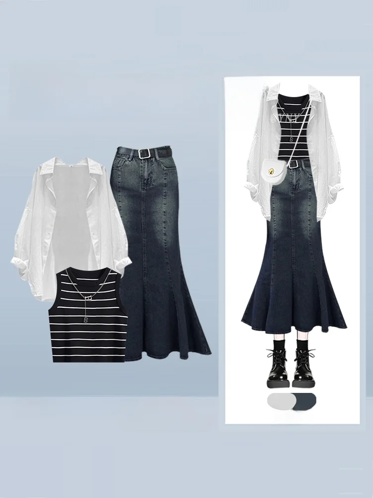 

Белая длинная све, тонкая солнцезащитная майка irt, женская майка в полоску с запахом на хвосте Fi вокруг джинсовой юбки