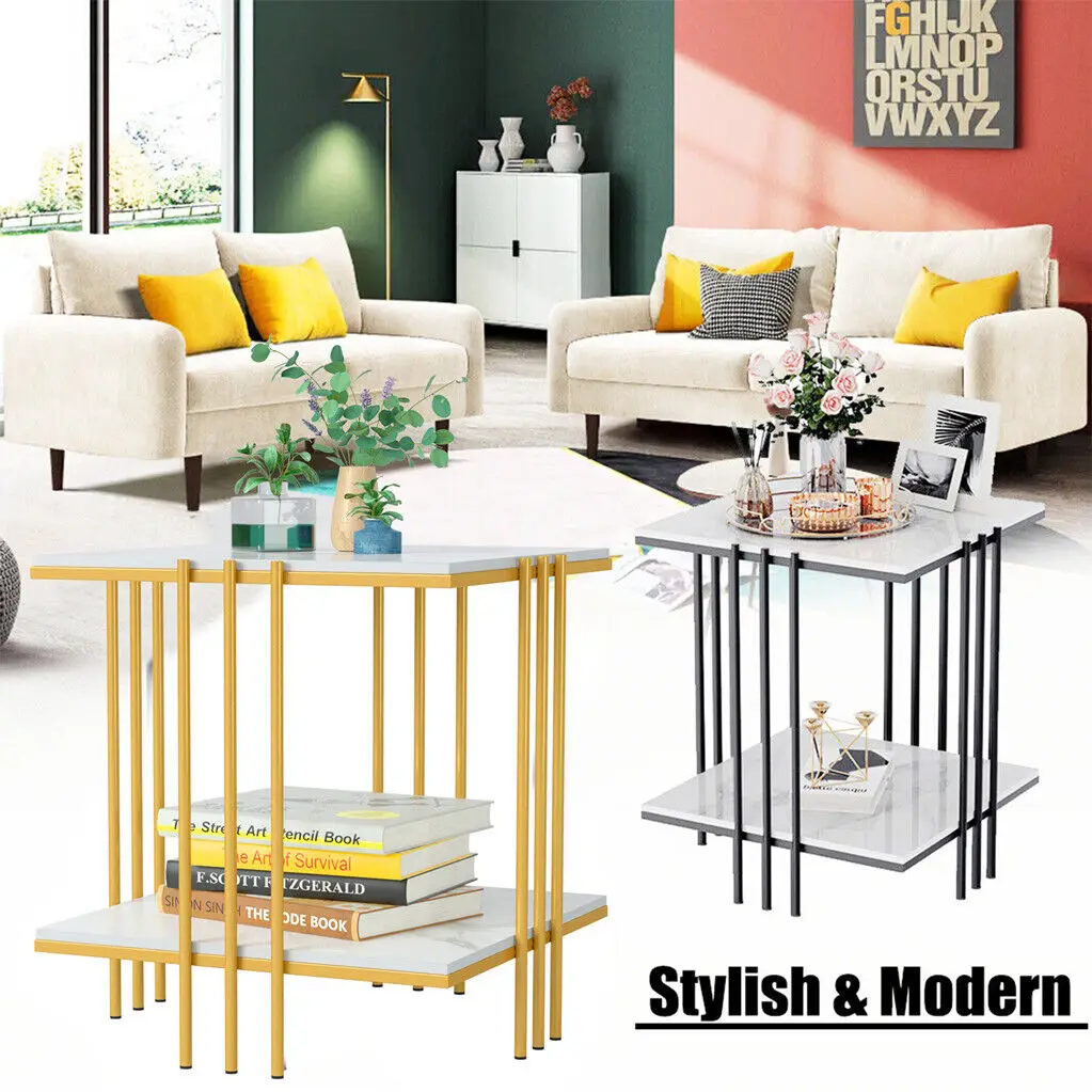 LUVODI 2-Tier Marble Sofa Side Coffee Table Square Metal Frame Gold Black Modern Living Room Furniture