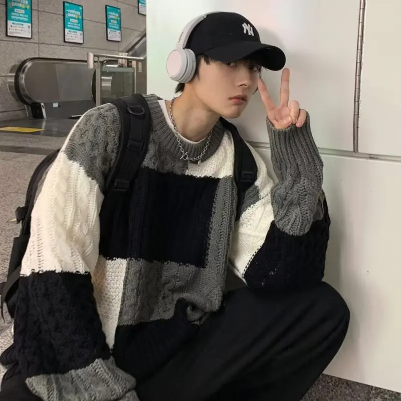 

Thiened осенне-зимний мужской вязаный свитер в стиле ретро в стиле пэчворк с цветочной вышивкой, большой размер, бейсбольный воротник, длинный свек, свободный крой