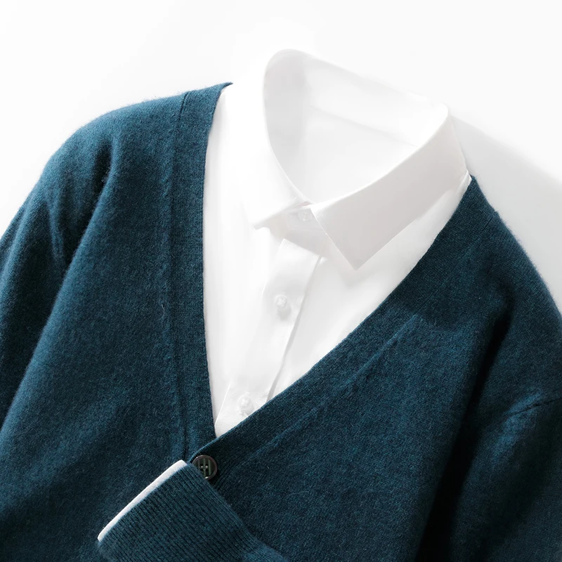

100% Merino Wool Basic V-Neck Fashion Cardigan Cashmere Men Solid Color Long Sleeves Loose Soft Comfortable Clothing Top