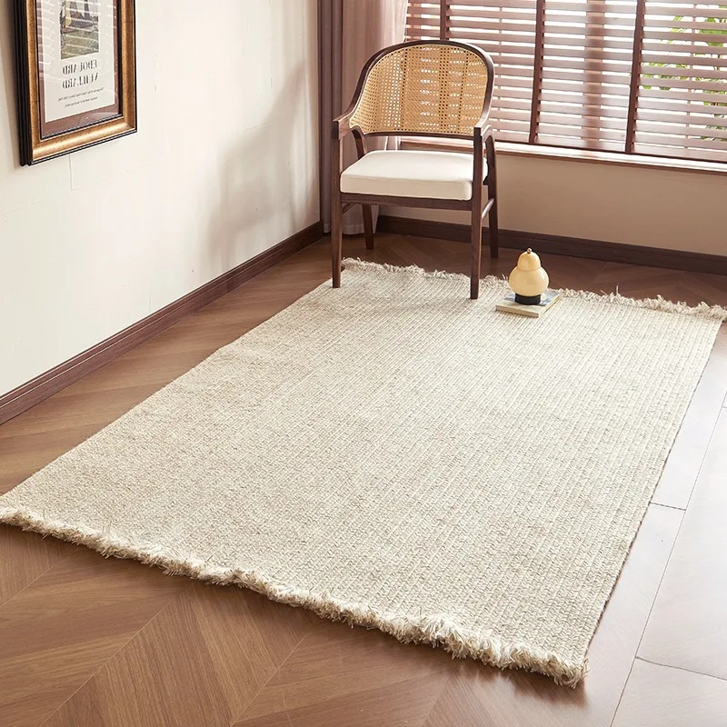 Alfombra cuadrada de yute tejida a mano, sofá, sala de estar, crema para el hogar, alfombra Su junto a la cama
