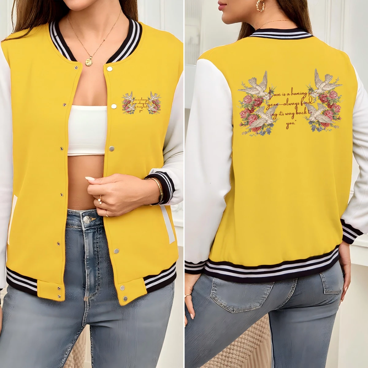

Pigeons Bring Good News From Flowers Print Women Jacket All-Match Soft Baseball Uniform Cotton Loose Clothes Colorful Sportswear