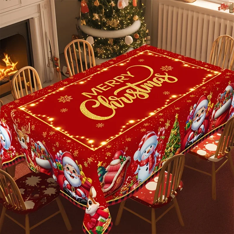 One red Christmas tablecloth, featuring patterns of Santa Claus, snowmen and reindeer - circular and rectangular shapeszyc