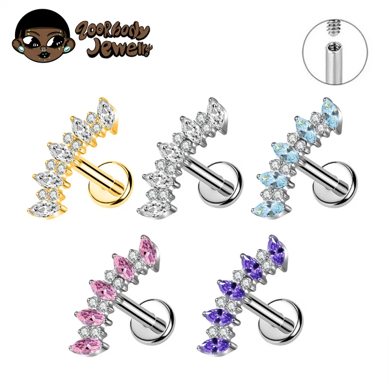 ZOOR Body Jewelry F136 TItanium with Marquise CZ Curved Helix Piercing 16G 18G Lip Labret for Women Earrings Septum Nose