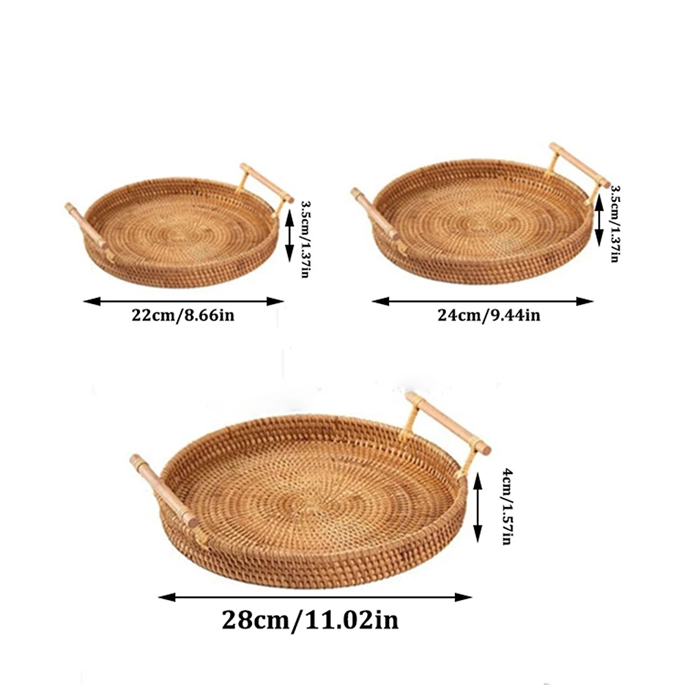 1 cestino portaoggetti con manico in rattan, per pane, snack, frutta, vassoio rotondo rotondo, cestino portaoggetti intrecciato da picnic