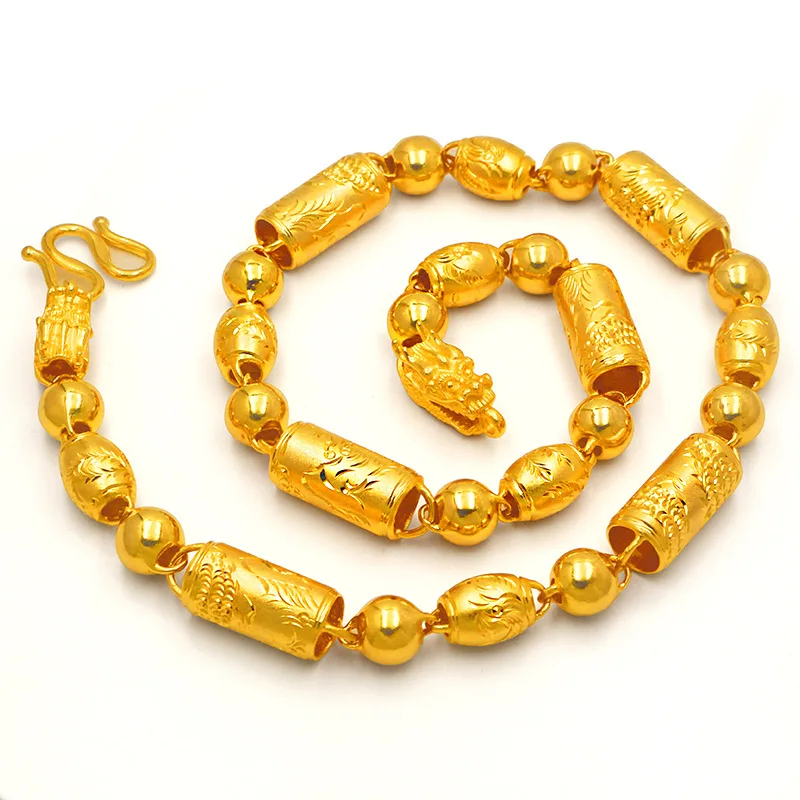 9999 gold men's necklace - thick style - 15mm - engraved with dragon and phoenix patterns