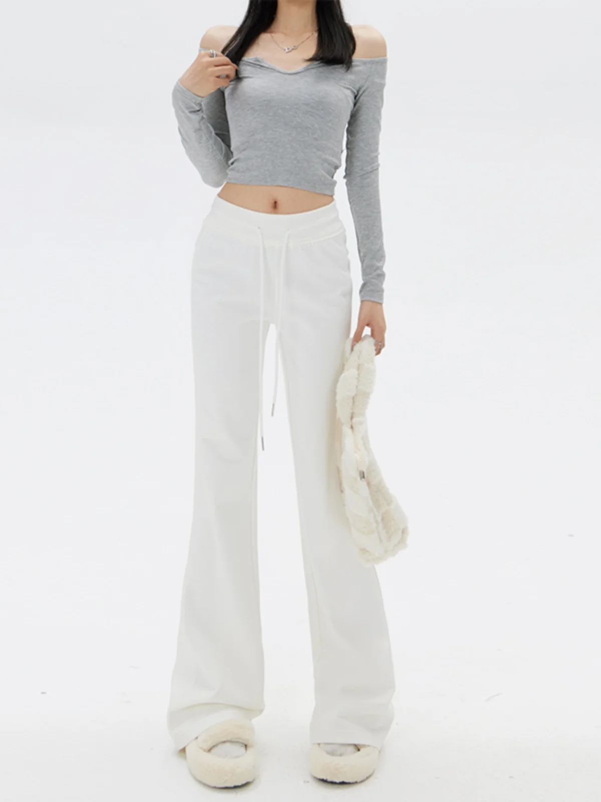 

White Fce Lined Yoga Pants Women's Casual Spor High Waist Long Trousers Fall Winter New Sle Versatile American Dstring