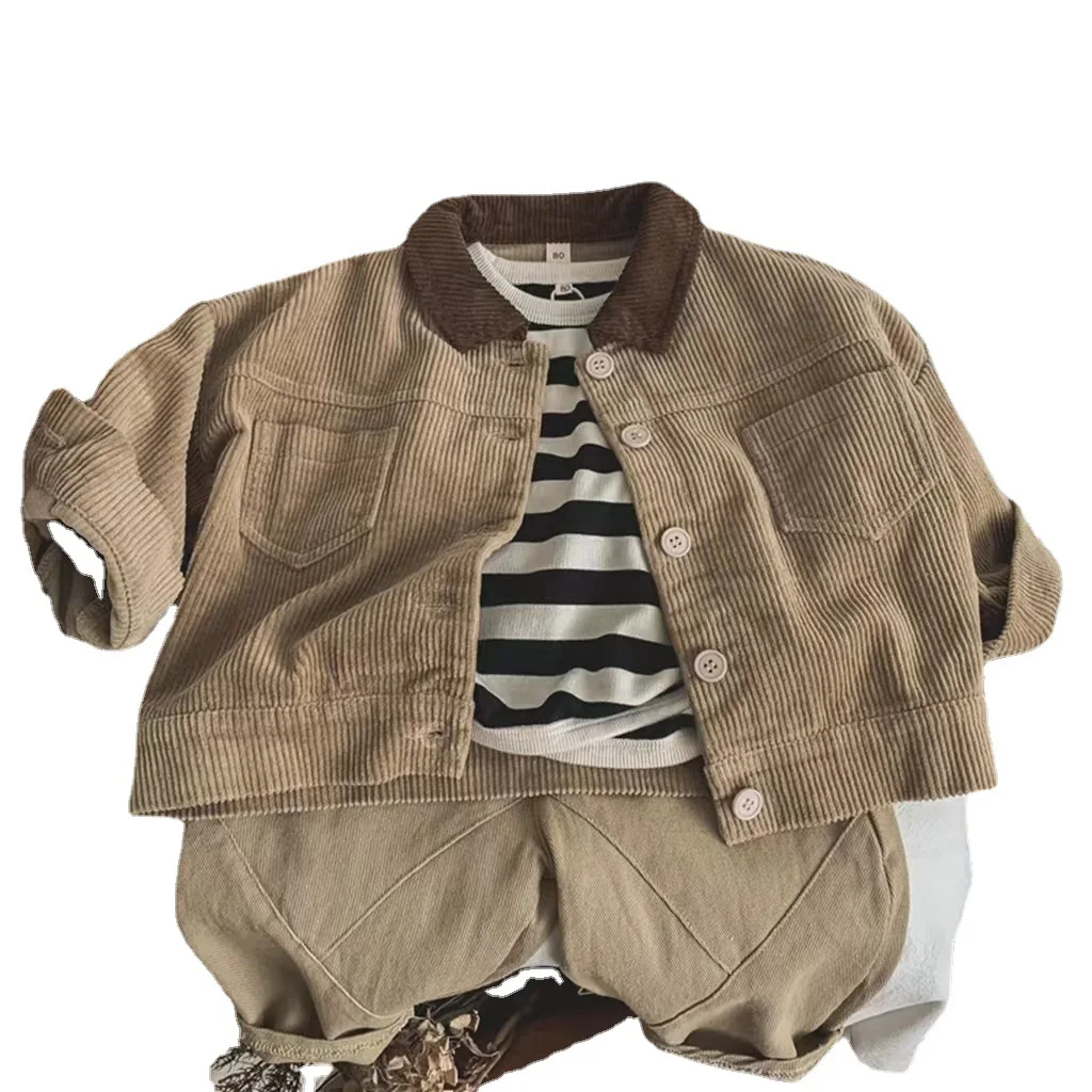 Baby Clothing Simple Retro Korean Style Corduroy Lapel Coat Baby Boys and Girls Loose Jacket Autumn Fashionable Kids Jacket