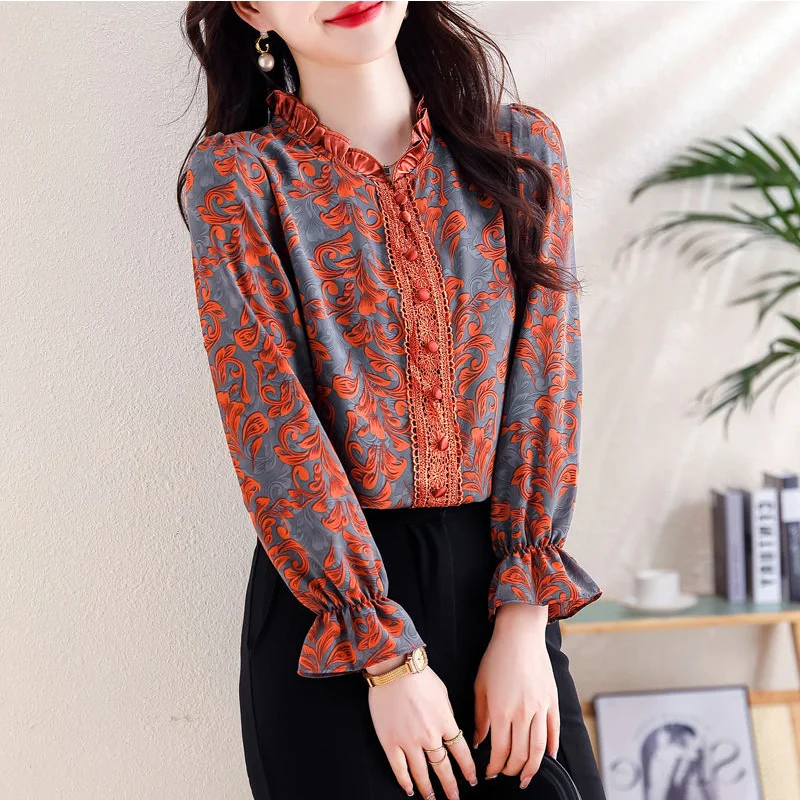 2024 New Summer Oversized High Waist Bohemian Casual Women\'s Shirt Korean Style Button Lotus Leaf Collar Long Sleeve Chic Tops