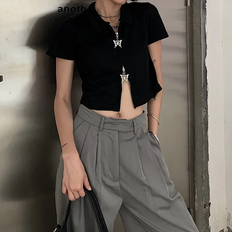 2024 New Niche Butterfly Zipper T-shirts Women Solid Color Short-sleeved Short Tops Korean Style High Street Casual Tees Female
