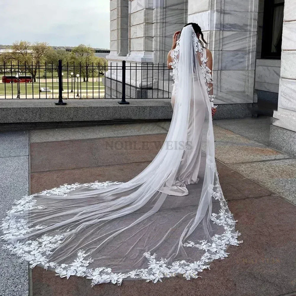 

Lace Long Wedding Veil 1T Cathedral Applique Bridal Veils With Comb Wedding Accessories Customized