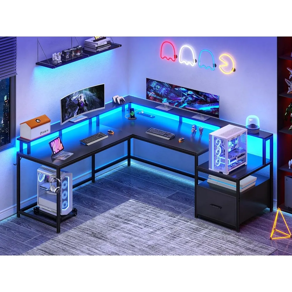 L Shaped Gaming Desk, Home Office Desk with Wood File Drawer & Power Outlet, Corner Gaming Computer Desk ,Customized