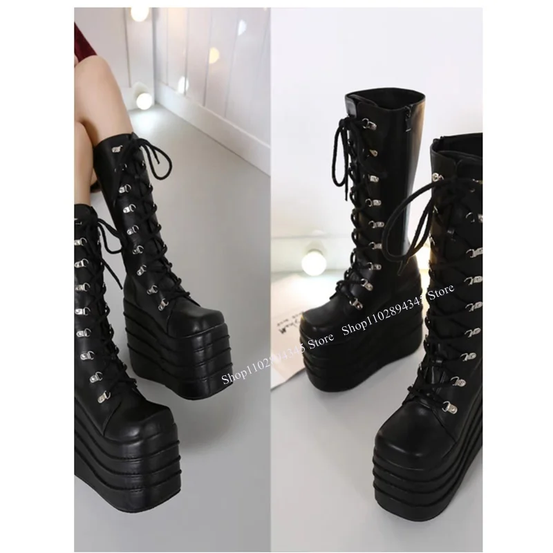 Black Mid Calf Super Platform Boots Lace Up Thick Heel Fashion Sexy 2023 Summer Casual Big Size Woman Shoes Zapatillas Mujer