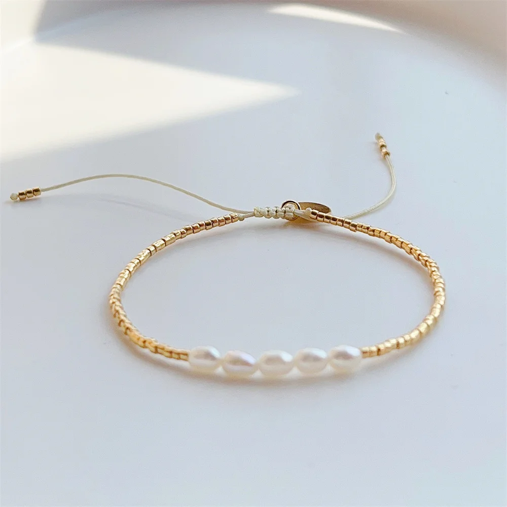 KKBEAD bransoletki z naturalnych pereł dla kobiet prezent złoty kolor koraliki Miyuki delikatna bransoletka prosta cienka Pulseras Femme biżuteria
