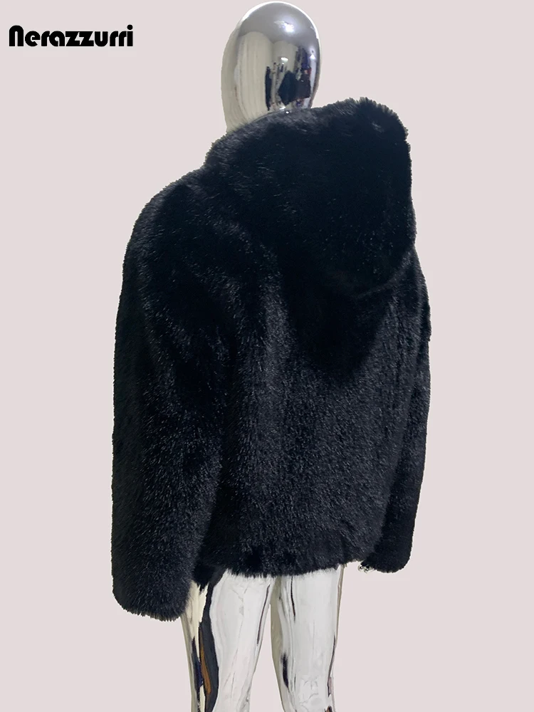 เสื้อโค้ทขนเฟอร์เทียมฟ็อกซ์สีดำหนานุ่ม อุ่นสบาย ทรงโอเวอร์ไซส์ แขนยาว มีฮู้ด สำหรับผู้ชาย แบรนด์เนราซูรี รุ่นวินเทอร์