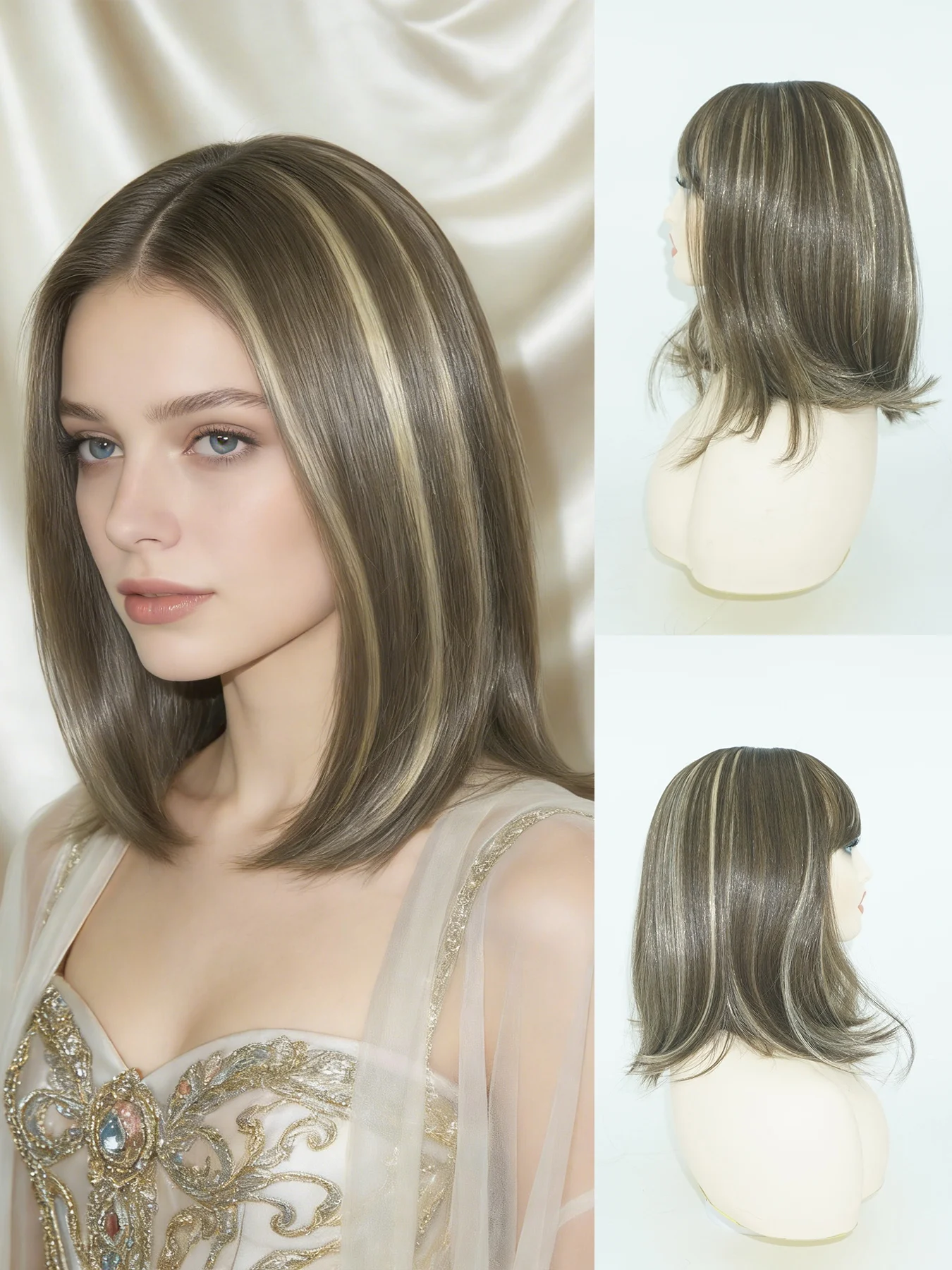 

1 женский парик, выполненный из термостойкого синтетического высокотемпературного волокна, с естественным объемным стилем.