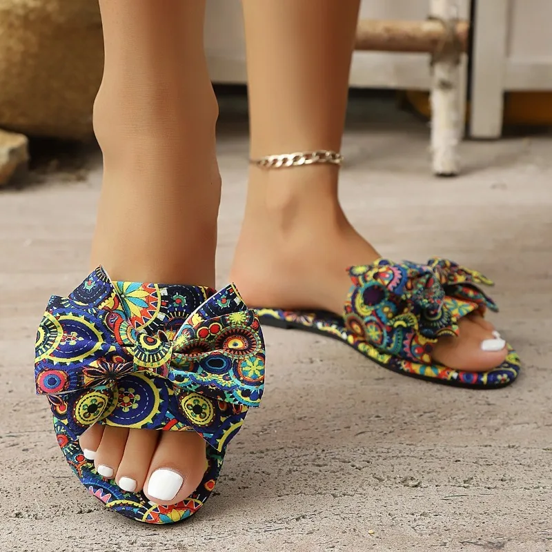 Plus Size Boho Bow Sandals Round Toe Open Toe Flat Casual Flip Flops Ethnic Style Soft Sole Printed Slippers