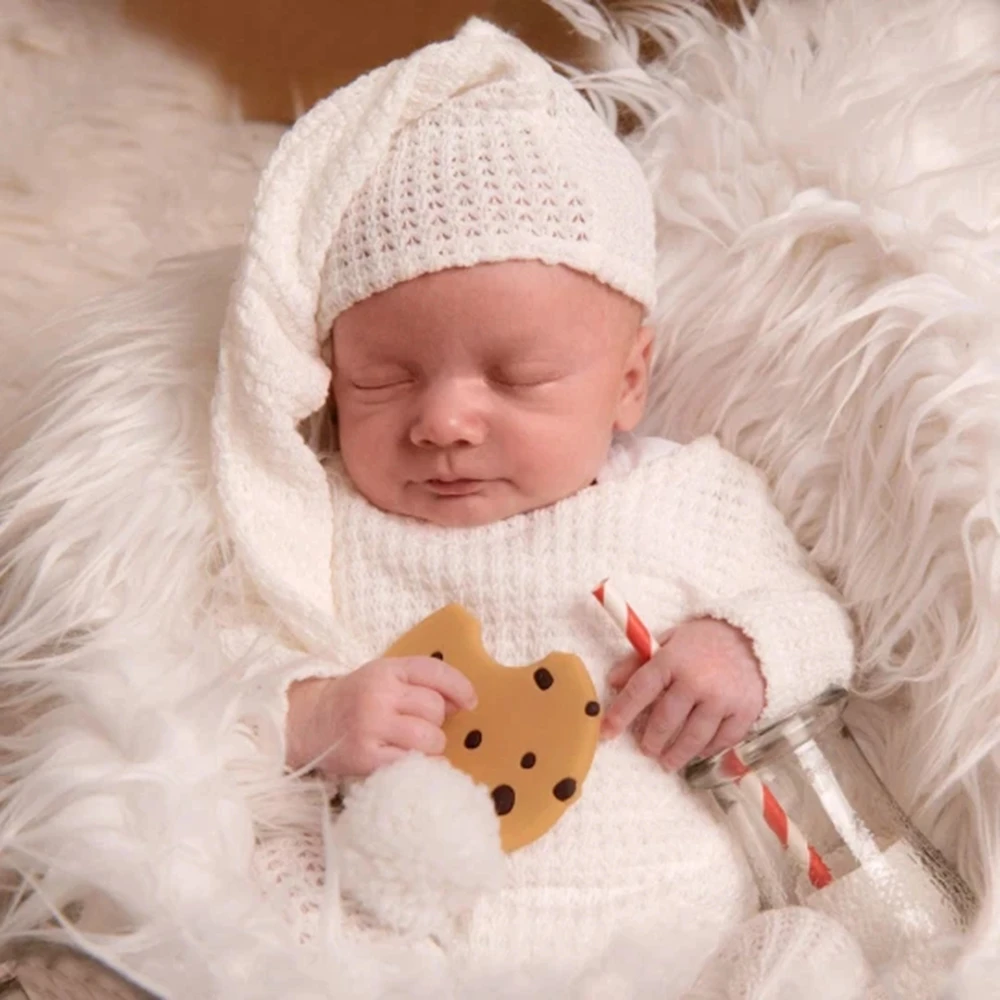 

Newborn Photography Knit Set with Pom-Pom Hat - White Romper Baby Photo Shoot Prop Outfit 0-3M Newborn Portrait