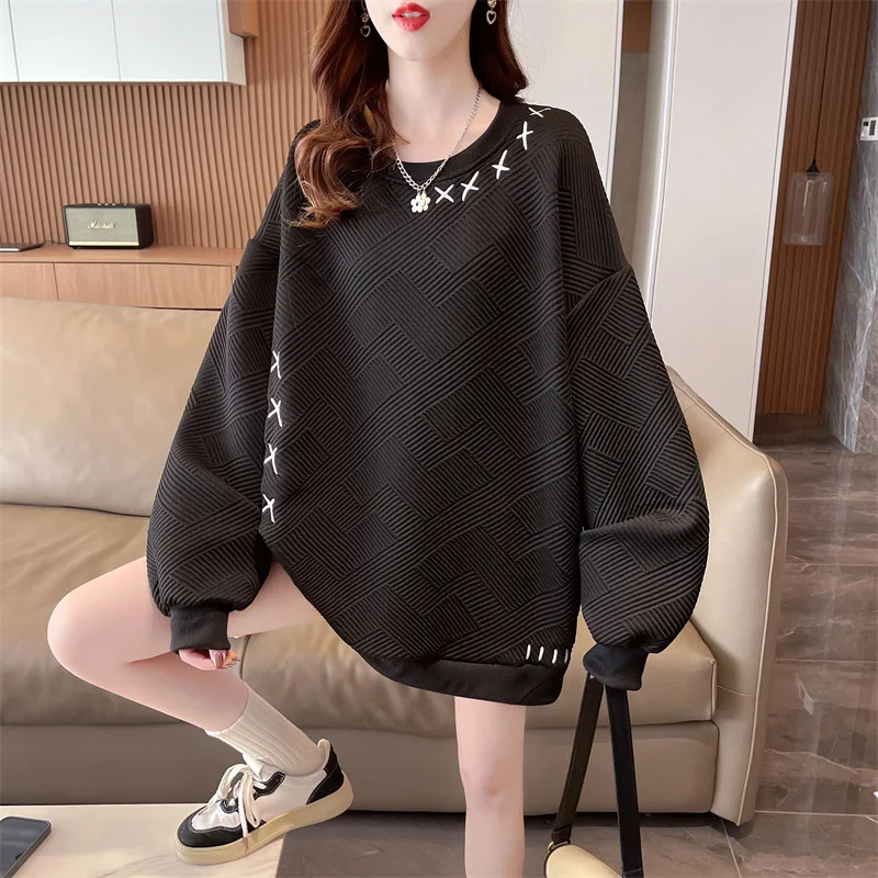 Korean Fashion Spring Autumn Women's O-Neck Sweatshirts Letter Embroid Casual Loose Long Sleeve Streetwear Tops Y2k Pullover
