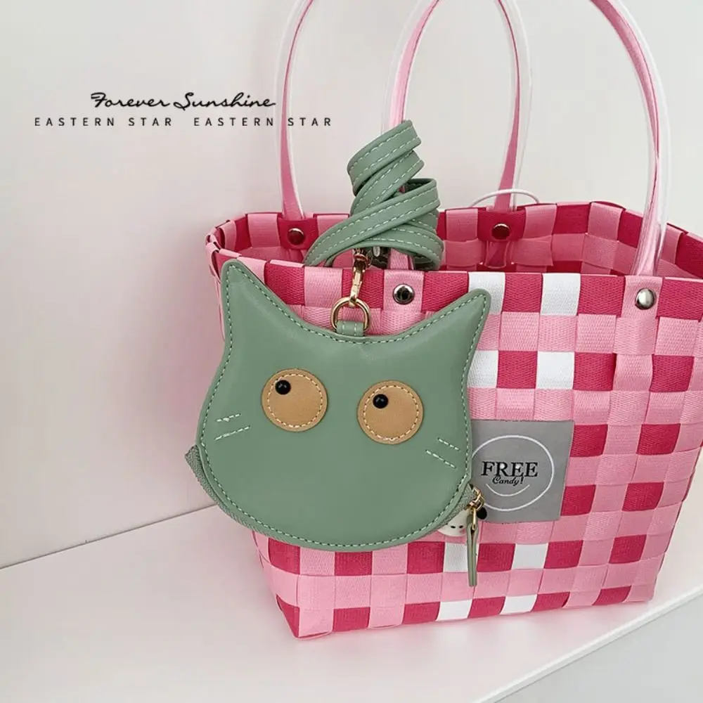 

Portable PU Leather Hanging Neck Coin Purse Cat Kitten Mini Storage Bag Card Holder Solid Color Lanyard Wallet Shopping