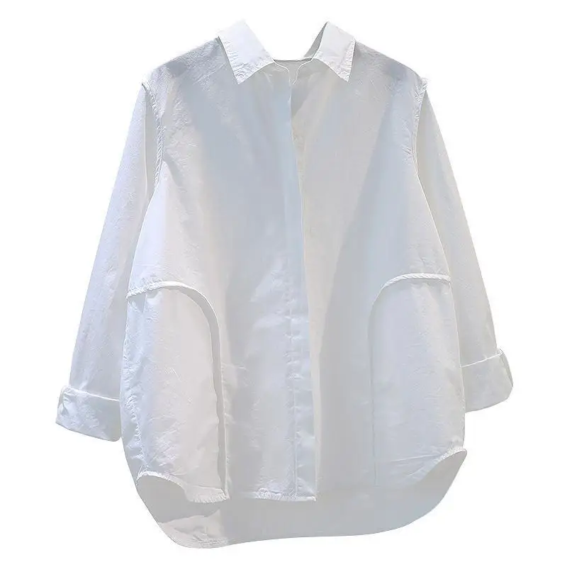 Women\'s Three-Dimensional Edging White Shirt, Loose Long Sleeved Shirt, Fashionable Lapel Top, Spring and Autumn, New