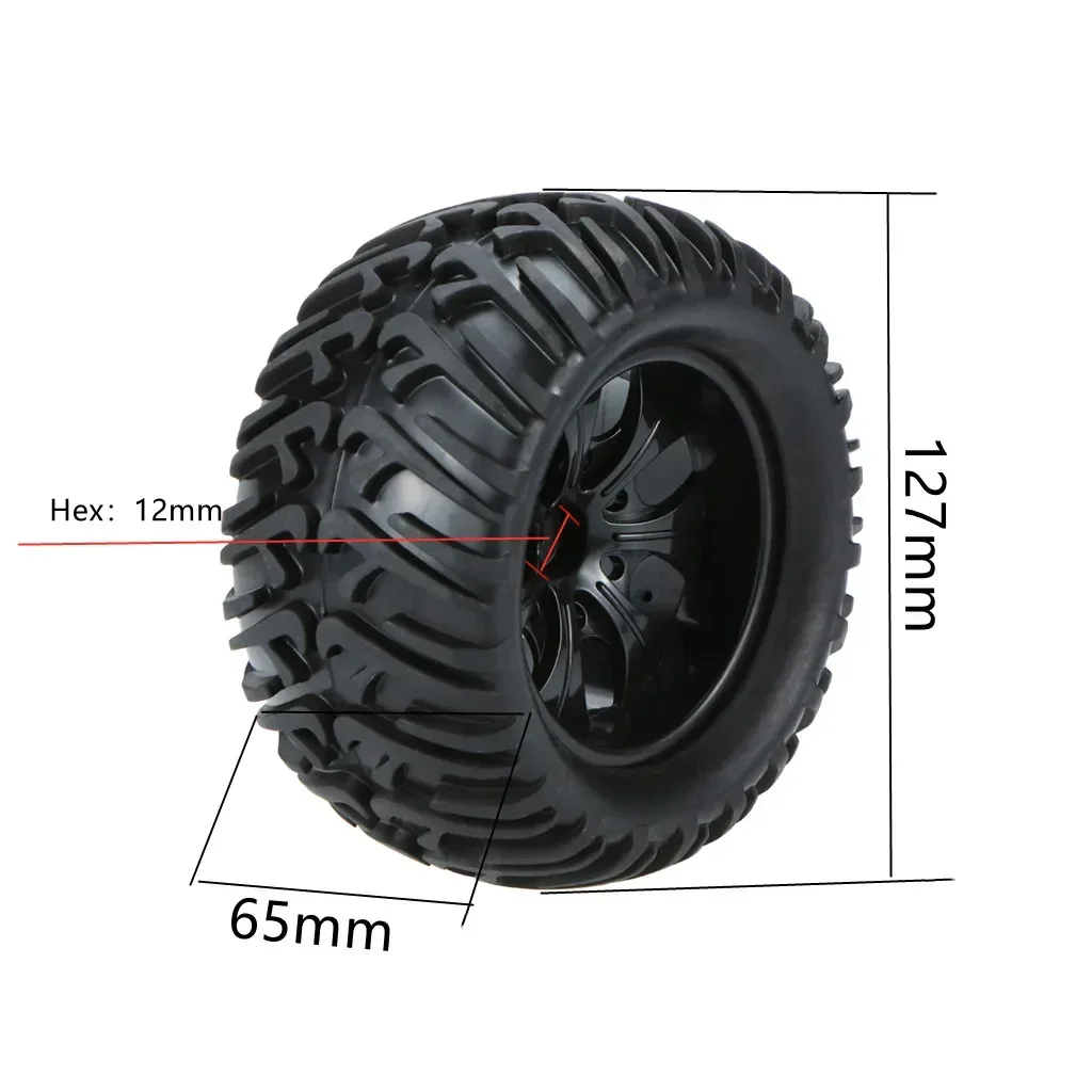 4pcs 125mm Rubber 1/10 RC Monster Truck Tires and Wheel Rims 12mm Hex With Nylon 4mm Lock Nuts For Trxs Himoto HSP HPI Redcat