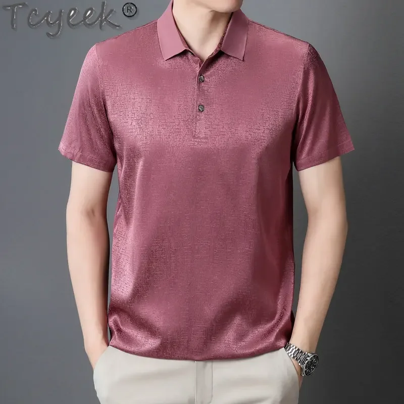 

Tcyeek 92% Mulberry Silk Shirts for Men Clothing Summer Casual Business Polo Shirt Man Short Sleeves Silk Tops Camisas De Hombre