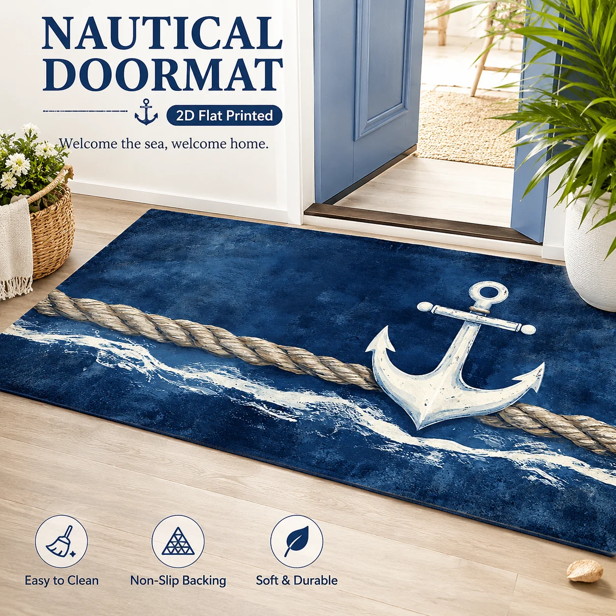 

Nautical Anchor Rope Felt Doormat 2D Flat Printed Ocean Wave Floor Mat Coastal Beach House Entryway Front Door Welcome Rug