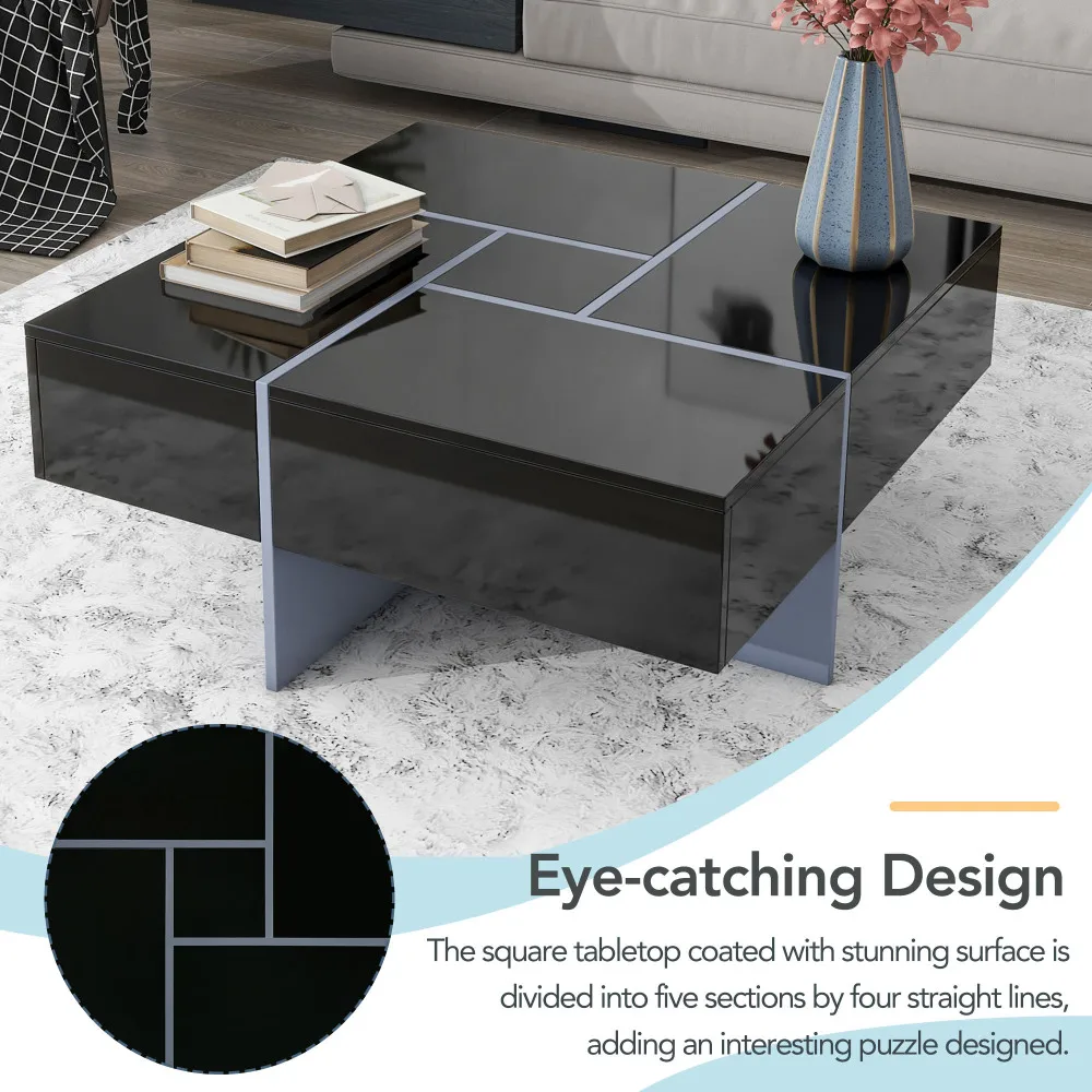 Modern Coffee table with 4 hidden storage compartments, square cocktail table with retractable sliding top，For living rooms