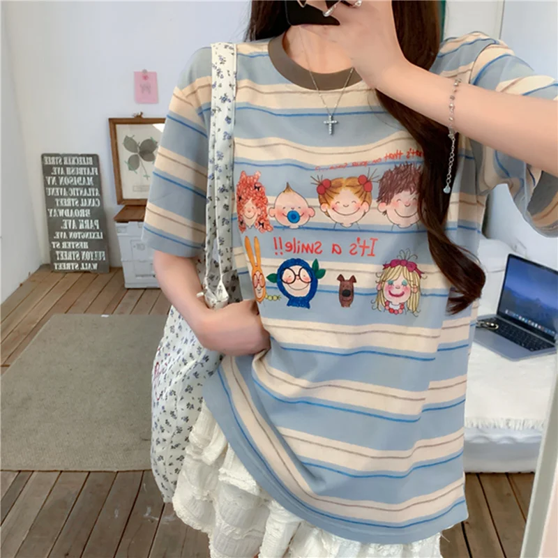 

Fun Cartoon Color Blo Stripe ort Sve T irt Women's Loose Youthful Design Spring Summer Korean Sle Top